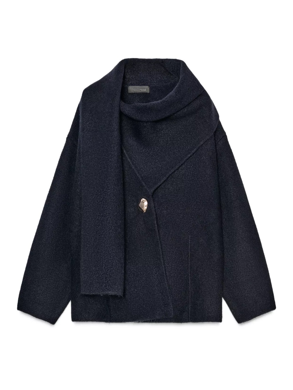 ZARA Wool-Blend Navy Scarf Collar sweater